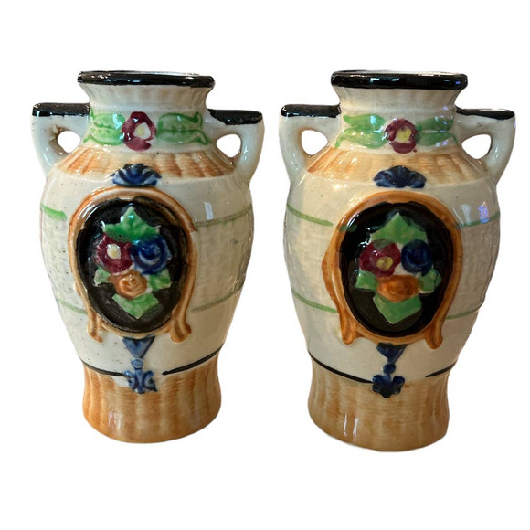 Vintage Japan Kyoto Majolica Vases 4 3/4" High x 2 1/4" Base Radius 10 3/4" Mid - Picture 2 of 6